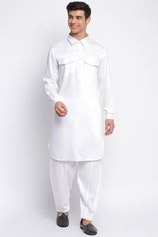 White Cotton plain Pathani Set