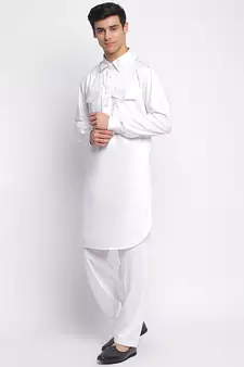 White Cotton plain Pathani Set