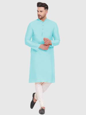 Maya Blue Cotton Silk plain Straight men kurta With Churidar 1