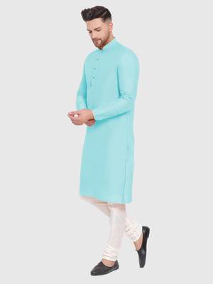 Maya Blue Cotton Silk plain Straight men kurta With Churidar 2