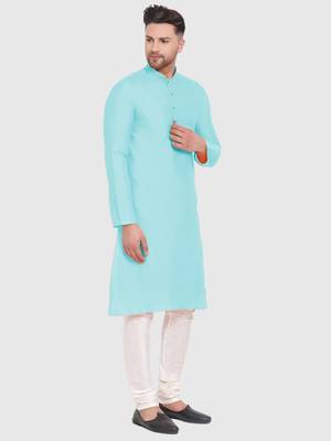 Maya Blue Cotton Silk plain Straight men kurta With Churidar 3
