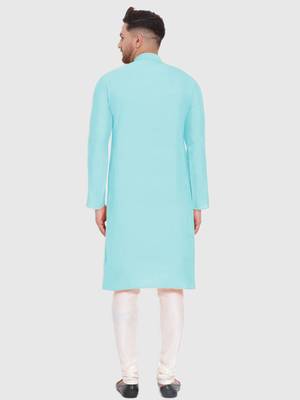 Maya Blue Cotton Silk plain Straight men kurta With Churidar 4