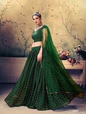 Green embroidered silk semi stitched lehenga 1