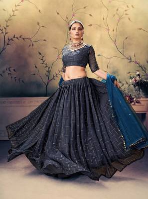 Blue embroidered georgette semi stitched lehenga 1