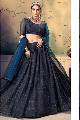 Blue embroidered georgette semi stitched lehenga 2