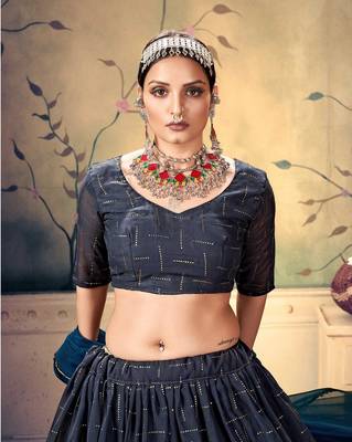 Blue embroidered georgette semi stitched lehenga 3