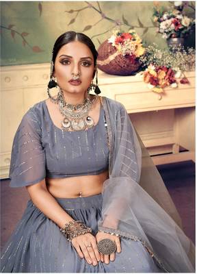 Grey embroidered georgette semi stitched lehenga 2