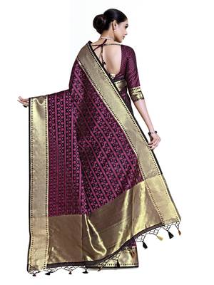 Black woven art silk saree with blouse 4
