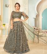 Grey embroidered net semi stitched lehenga