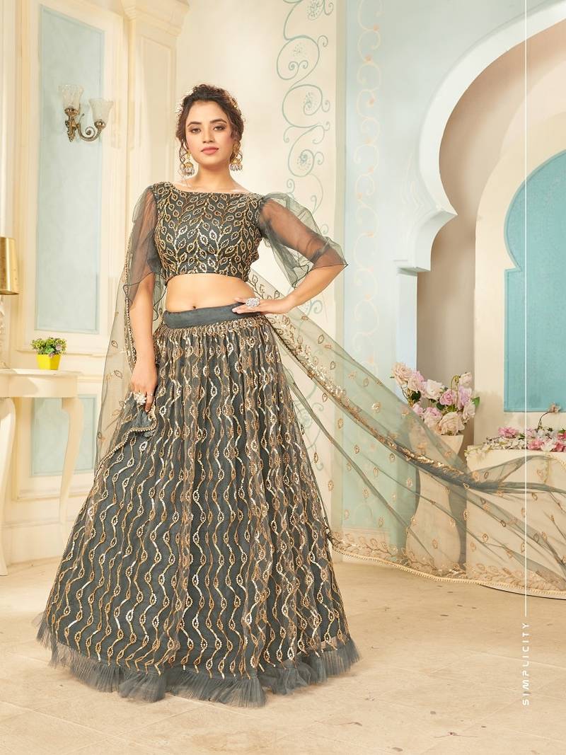 Grey embroidered net semi stitched lehenga