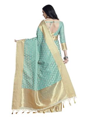 Turquoise woven art silk saree with blouse 4