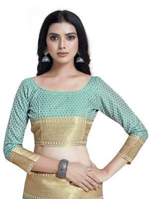 Turquoise woven art silk saree with blouse 5