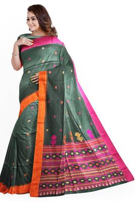 Green printed cotton saree with blouse 1