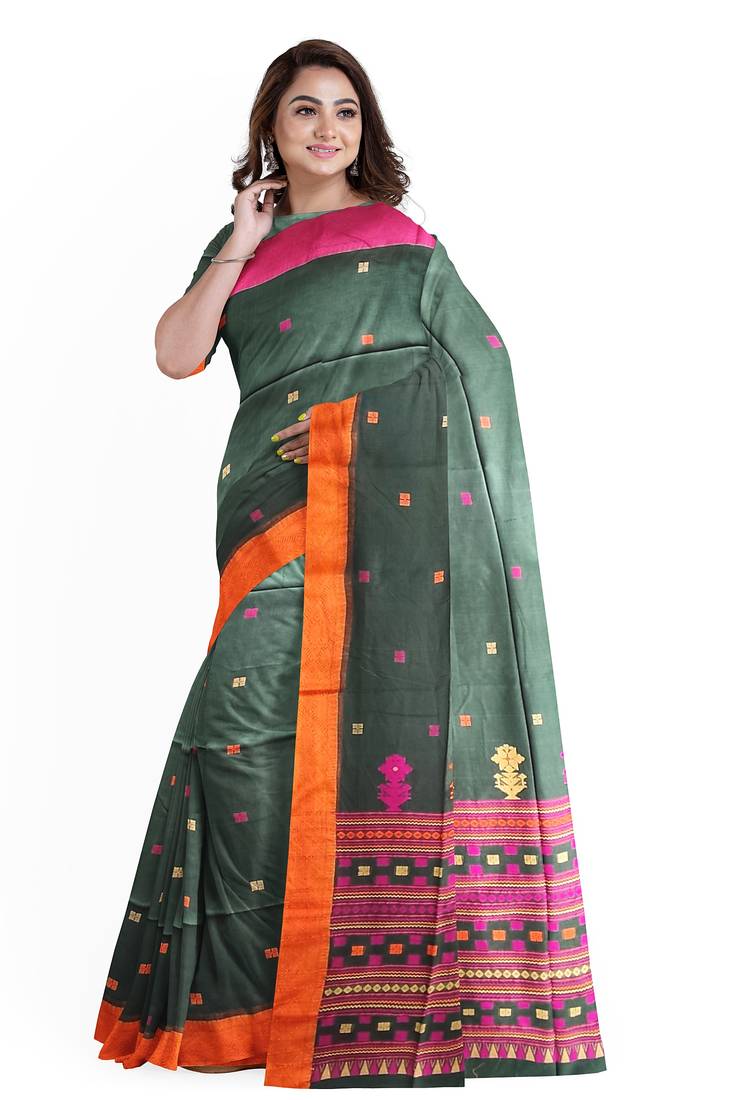 Green printed cotton saree with blouse