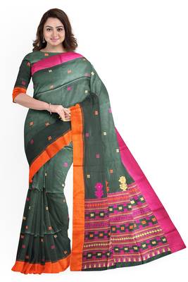 Green printed cotton saree with blouse 3