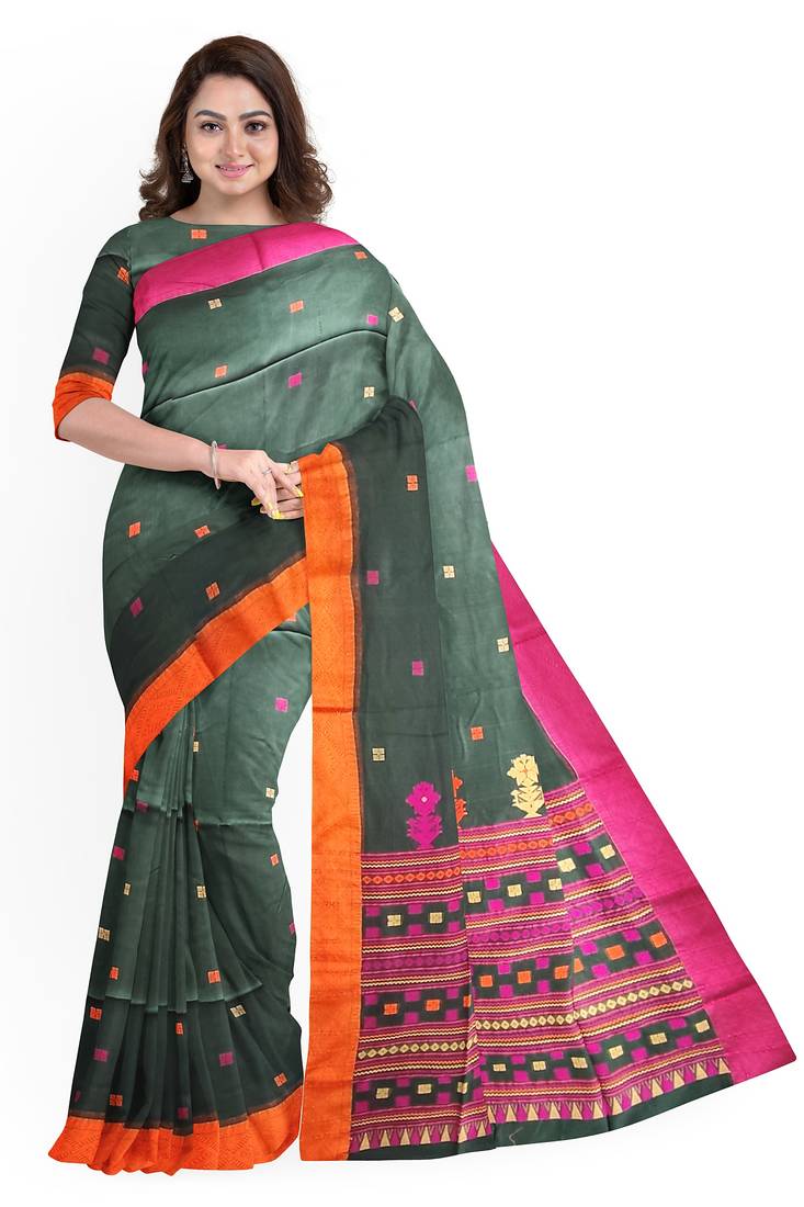 Green printed cotton saree with blouse