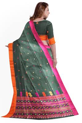 Green printed cotton saree with blouse 4