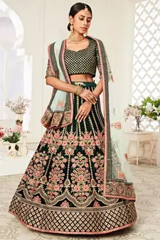 exotic dark green velvet heavily embroidered wedding bridal lehenga set choli with dupatta with diamond work