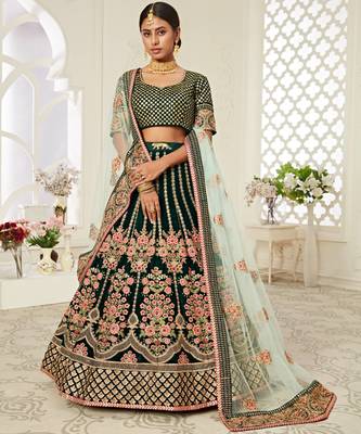 exotic dark green velvet heavily embroidered wedding bridal lehenga set choli with dupatta with diamond work 3