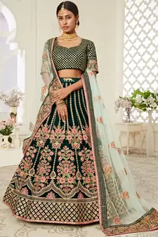 exotic dark green velvet heavily embroidered wedding bridal lehenga set choli with dupatta with diamond work