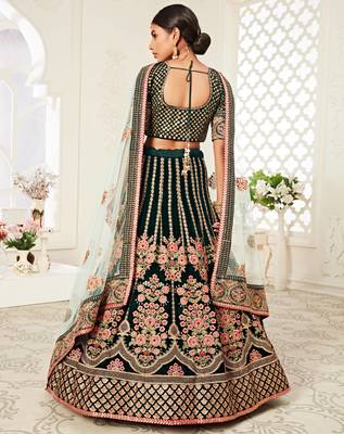 exotic dark green velvet heavily embroidered wedding bridal lehenga set choli with dupatta with diamond work 4
