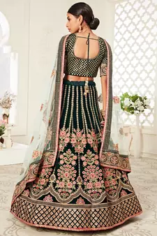 exotic dark green velvet heavily embroidered wedding bridal lehenga set choli with dupatta with diamond work