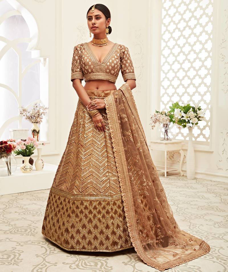 Stunning Brown Golden Sequins Work Art Silk Bridal Wedding Heavy Lehenga Choli with Dupatta