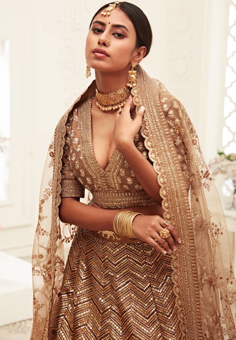 Stunning Brown Golden Sequins Work Art Silk Bridal Wedding Heavy Lehenga Choli with Dupatta