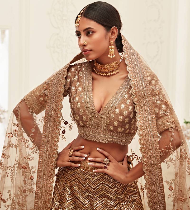 Stunning Brown Golden Sequins Work Art Silk Bridal Wedding Heavy Lehenga Choli with Dupatta