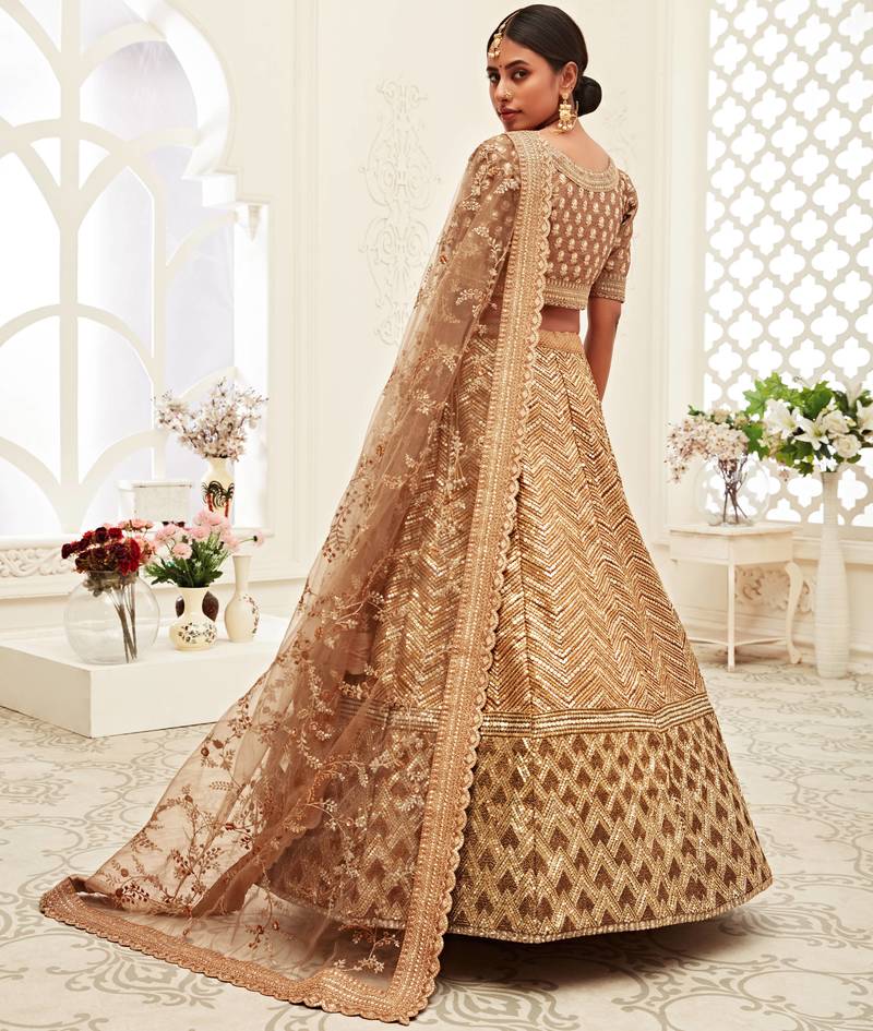 Stunning Brown Golden Sequins Work Art Silk Bridal Wedding Heavy Lehenga Choli with Dupatta
