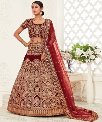 zari embroidered velvet dark red bridal lehenga set choli with dupattas 1