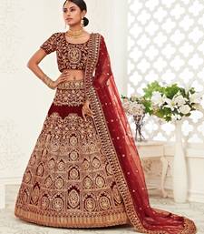 zari embroidered velvet dark red bridal lehenga set choli with dupattas