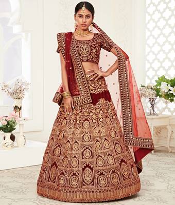 zari embroidered velvet dark red bridal lehenga set choli with dupattas 2