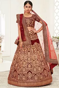 zari embroidered velvet dark red bridal lehenga set choli with dupattas