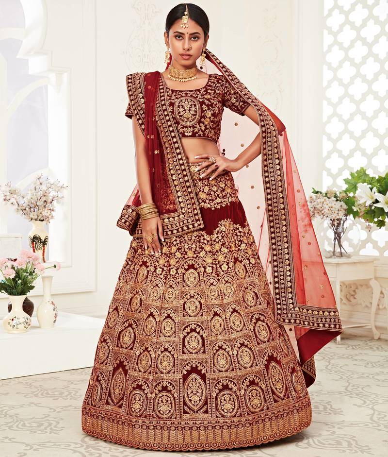 Beautiful Zari Embroidered Velvet Dark Red Bridal Lehenga Choli for Weddings 