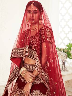 zari embroidered velvet dark red bridal lehenga set choli with dupattas 3
