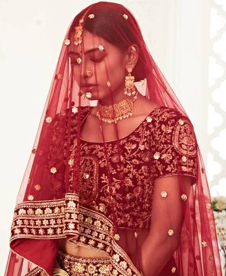zari embroidered velvet dark red bridal lehenga set choli with dupattas 4