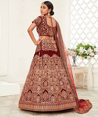 zari embroidered velvet dark red bridal lehenga set choli with dupattas 5