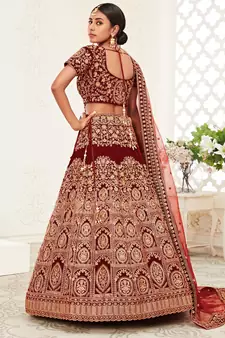zari embroidered velvet dark red bridal lehenga set choli with dupattas