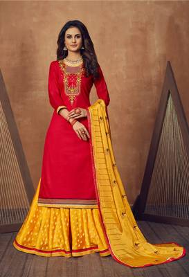 SheWill Red & Mustard Silk Blend Embroidered Semi Stitched Lehenga Style Suit 1