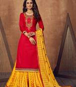 SheWill Red & Mustard Silk Blend Embroidered Semi Stitched Lehenga Style Suit