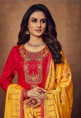 SheWill Red & Mustard Silk Blend Embroidered Semi Stitched Lehenga Style Suit 2