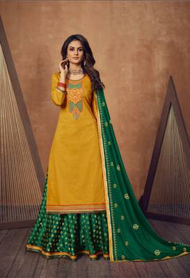SheWill Mustard & Green Silk Blend Embroidered Semi Stitched Lehenga Style Suit 1