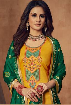SheWill Mustard & Green Silk Blend Embroidered Semi Stitched Lehenga Style Suit 2