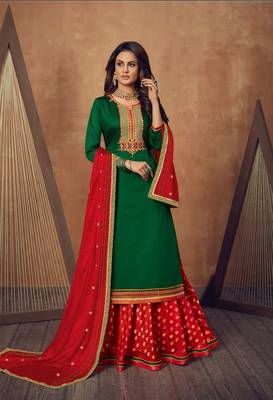 SheWill Green & Red Silk Blend Embroidered Semi Stitched Lehenga Style Suit 1