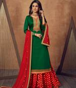 SheWill Green & Red Silk Blend Embroidered Semi Stitched Lehenga Style Suit