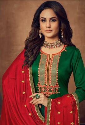 SheWill Green & Red Silk Blend Embroidered Semi Stitched Lehenga Style Suit 2
