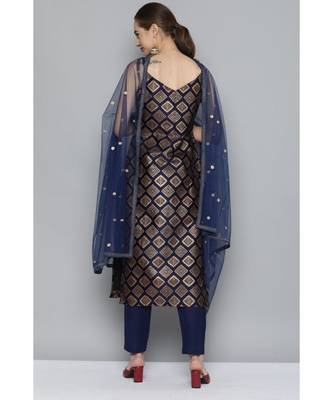 Kvsfab Women Blue & Gold-Toned Ethnic Motifs Kurta with Trousers & Dupatta 2