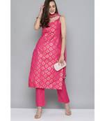 Kvsfab Women Pink & Gold-Toned Ethnic Motifs Kurta with Trousers & Dupatta