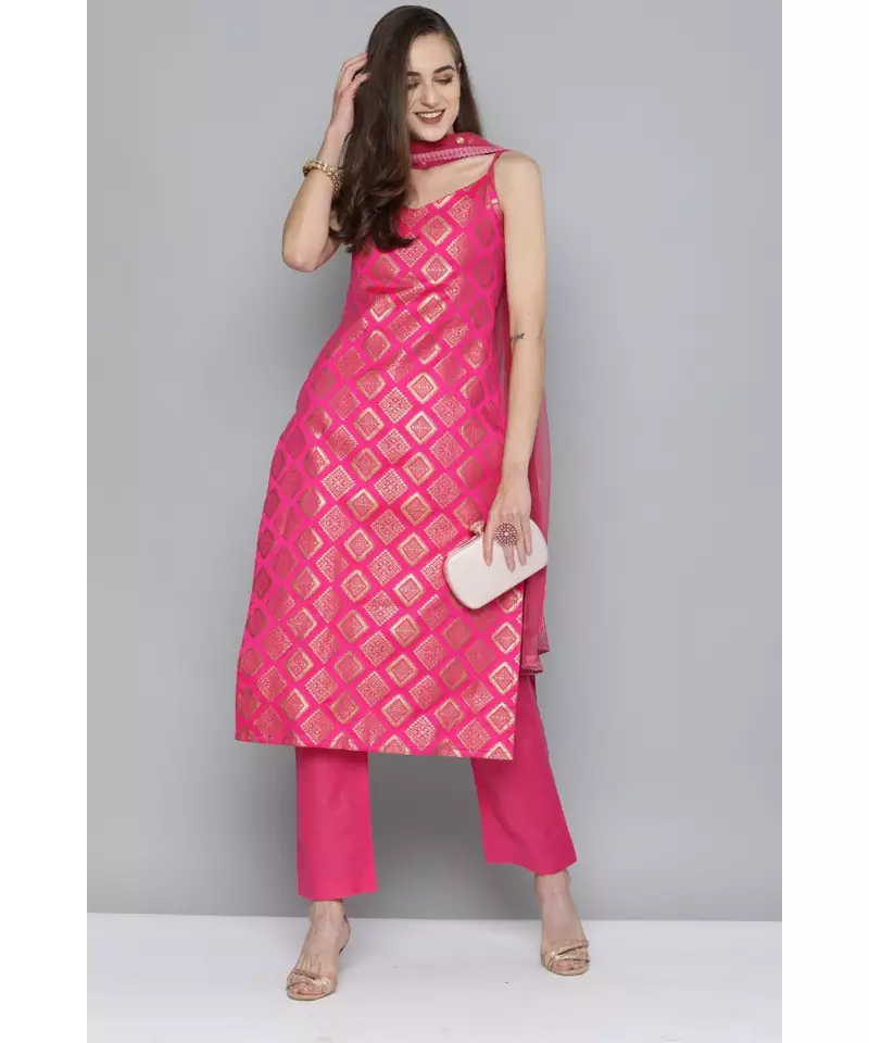 Kvsfab Women Pink & Gold-Toned Ethnic Motifs Kurta with Trousers & Dupatta